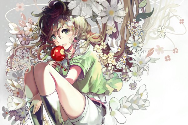 Anime picture 1000x670 with original ryuuri susuki (artist) single long hair fringe open mouth brown hair sitting holding green eyes bent knee (knees) squat girl flower (flowers) socks food shorts belt knee socks fruit