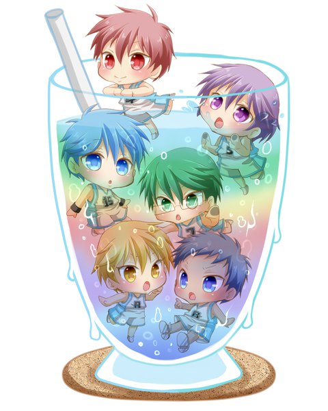 Anime picture 800x1000 with kuroko no basket production i.g kuroko tetsuya kise ryouta aomine daiki akashi seijuurou midorima shintarou murasakibara atsushi asuka (pixiv id2551162) tall image looking at viewer blush fringe short hair open mouth blue eyes simple background blonde hair smile hair between eyes