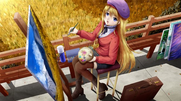 Anime picture 1920x1080 with original ilolamai long hair highres open mouth blue eyes blonde hair wide image sitting field girl thighhighs skirt black thighhighs miniskirt boots sweater beret fence picture