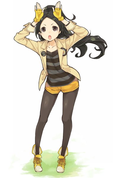 Anime picture 765x1162 with original chiko (mizuho) single long hair tall image looking at viewer open mouth black hair simple background standing white background brown eyes open clothes open jacket :o legwear under shorts bunny pose girl pantyhose shoes