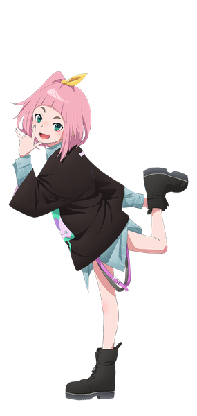 Anime picture 760x1600 with yoru no kurage wa oyogenai watase kiui single tall image short hair open mouth standing green eyes pink hair full body :d official art bare legs one side up standing on one leg transparent background girl boots