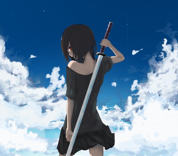 Anime picture 2480x2167 with original la-na single highres short hair black hair red eyes cloud (clouds) looking back back rain girl weapon sword katana