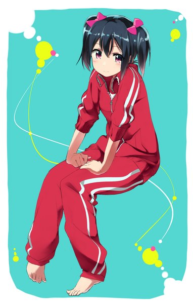 Anime picture 1500x2357 with love live! school idol project sunrise (studio) love live! yazawa nico dobasisi single tall image looking at viewer blush short hair black hair smile twintails pink eyes barefoot girl ribbon (ribbons) hair ribbon track jacket
