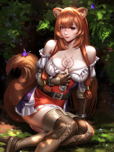 Anime picture 3000x4000 with tate no yuusha no nariagari kinema citrus raphtalia liang xing single long hair tall image looking at viewer fringe highres breasts light erotic large breasts sitting animal ears bent knee (knees) outdoors tail blunt bangs animal tail