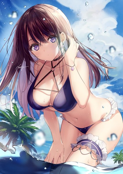 Anime picture 1000x1412 with original necomi (gussan) single long hair tall image looking at viewer blush fringe breasts light erotic hair between eyes brown hair large breasts standing purple eyes signed sky cloud (clouds) multicolored hair arm up