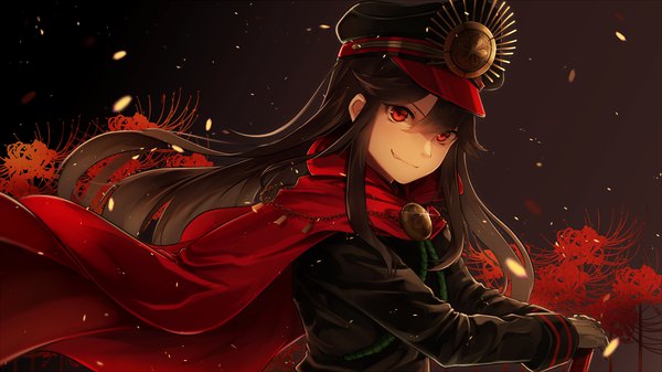 Anime picture 1200x674 with fate (series) koha-ace oda nobunaga (fate) (all) oda nobunaga (fate) kito koruta single long hair looking at viewer fringe black hair simple background hair between eyes red eyes wide image upper body head tilt wind sparkle black background hands clasped