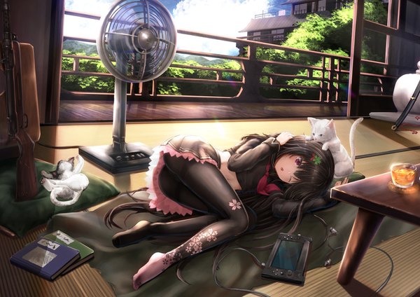 Anime picture 1414x1000 with girls frontline type 100 (girls frontline) shumeia single long hair fringe open mouth light erotic black hair looking away full body indoors lying one eye closed pink eyes hair flower midriff no shoes on side girl