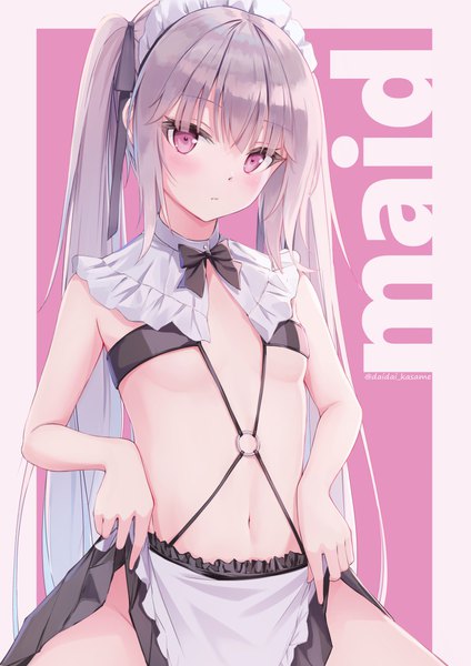 Anime picture 2894x4093 with original daidai (daidai826) single long hair tall image blush fringe highres light erotic twintails signed payot pink eyes grey hair inscription maid twitter username border flat chest skirt lift