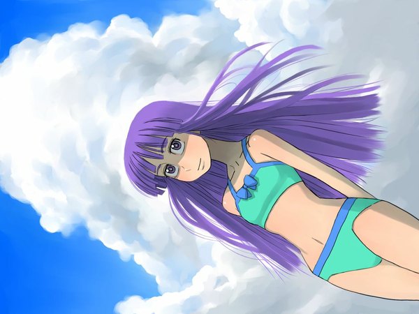 Anime picture 1024x768 with purple eyes sky purple hair swimsuit bikini zenkou