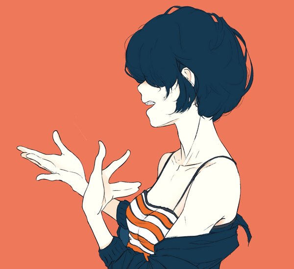 Anime picture 2048x1878 with original elliemaplefox single highres short hair breasts open mouth simple background upper body profile off shoulder arms up striped white skin orange background flat color girl camisole