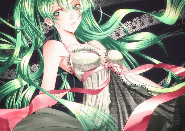 Anime picture 1000x707 with vocaloid hatsune miku kaminary long hair twintails bare shoulders green eyes green hair girl dress ribbon (ribbons)