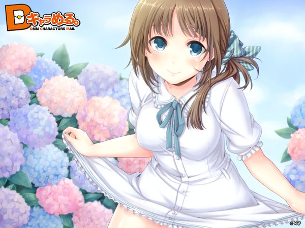 Anime picture 1600x1200 with d chara mail k.y ko single long hair looking at viewer blush blue eyes smile brown hair skirt lift girl dress skirt flower (flowers) miniskirt