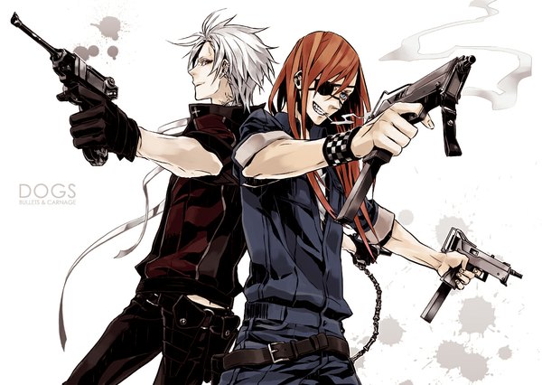 Anime picture 1125x800 with dogs: bullets & carnage david production haine rammsteiner badou nails kmgk long hair short hair white hair red hair smoking boy gloves weapon belt gun eyepatch cigarette