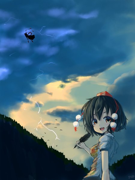 Anime picture 1200x1600 with touhou shameimaru aya nagae iku pyonsuke (pyon2 mfg) tall image looking at viewer blush fringe short hair breasts open mouth black hair standing multiple girls holding signed cloud (clouds) :d teeth short sleeves