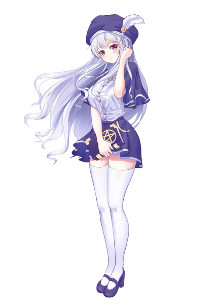Anime picture 1488x2105 with original hyonee single long hair tall image looking at viewer blush fringe breasts simple background standing white background purple eyes holding silver hair full body head tilt pleated skirt arm up high heels