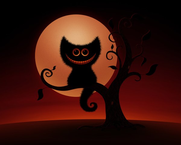 Anime picture 1280x1024 with smile night wallpaper red background plant (plants) animal tree (trees) moon cat full moon