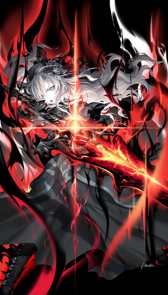 Anime picture 740x1295 with fate (series) fate/grand order kriemhild (fate) kousaki rui single long hair tall image looking at viewer fringe open mouth blue eyes hair between eyes holding signed silver hair mole mole under eye floating hair lolita fashion glowing weapon