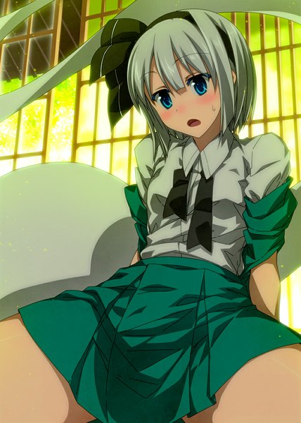 Anime picture 800x1120 with touhou konpaku youmu myon sazanami mio single tall image looking at viewer blush short hair blue eyes light erotic sitting white hair sweat spread legs embarrassed girl skirt ribbon (ribbons) hair ribbon