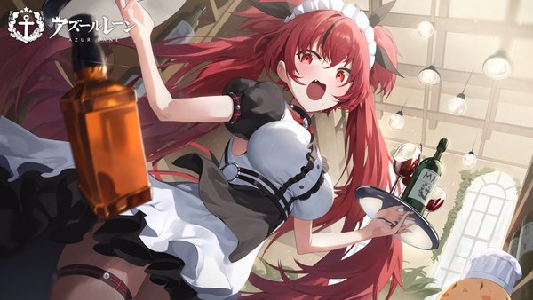 Anime picture 2560x1440 with azur lane manjuu (azur lane) u-1206 (azur lane) u-1206 (maid just for you) (azur lane) ssangbong-llama single long hair looking at viewer blush fringe highres breasts open mouth hair between eyes red eyes wide image large breasts twintails payot red hair
