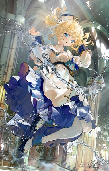 Anime picture 5250x8229 with genshin impact barbara (genshin impact) utsuhostoria single tall image looking at viewer highres short hair blue eyes blonde hair smile twintails absurdres full body indoors short twintails jumping girl dress pantyhose