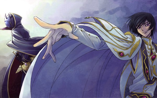 Anime picture 1680x1050 with code geass sunrise (studio) lelouch lamperouge zero (code geass) short hair black hair wide image purple eyes outstretched hand boy sword mask suit
