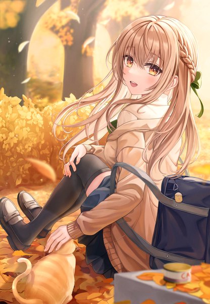 Anime picture 1901x2742 with original funii single long hair tall image looking at viewer blush fringe highres open mouth blonde hair smile hair between eyes sitting yellow eyes payot full body bent knee (knees) outdoors braid (braids)