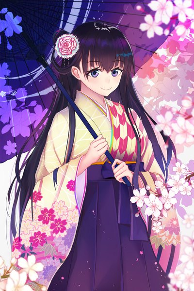 Anime picture 1355x2031 with ryuuou no oshigoto! kugui machi ema (kuguiema) single long hair tall image looking at viewer blush fringe smile hair between eyes standing purple eyes holding purple hair outdoors traditional clothes japanese clothes wind wide sleeves