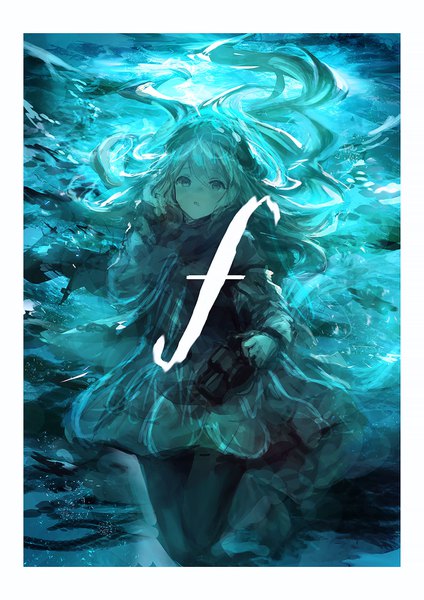 Anime picture 1100x1556 with original lm7 (op-center) single long hair tall image looking at viewer fringe open mouth hair between eyes blurry aqua hair underwater girl skirt pantyhose black pantyhose camera