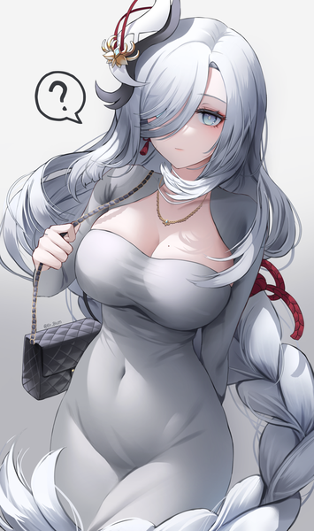 Anime picture 1000x1690 with genshin impact shenhe (genshin impact) dongtan lady (k pring) yoonsol single tall image fringe breasts light erotic simple background large breasts cleavage silver hair braid (braids) very long hair from above hair over one eye mole gradient background single braid