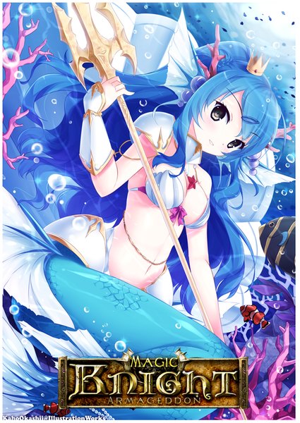 Anime picture 600x847 with magic knight armageddon kaho okashii single long hair tall image blush light erotic smile blue hair tail horn (horns) inscription grey eyes underwater framed fish tail girl navel animal fish (fishes)
