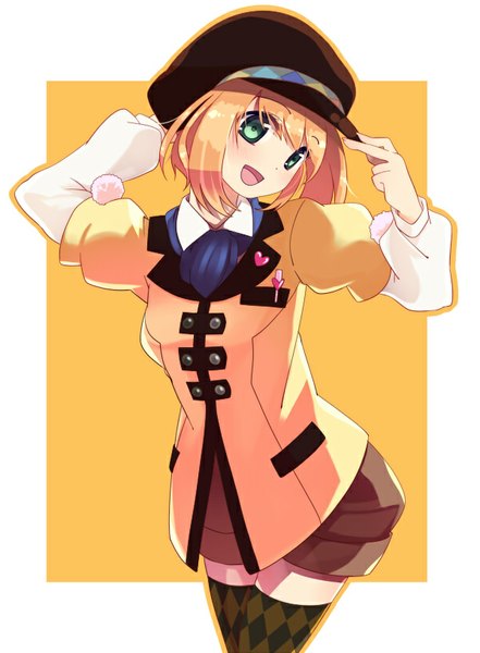 Anime picture 600x816 with tales of (series) tales of xillia tales of xillia 2 leia roland leia rolando minikama single tall image looking at viewer blush fringe short hair open mouth blonde hair green eyes adjusting hat rhombus girl thighhighs hat