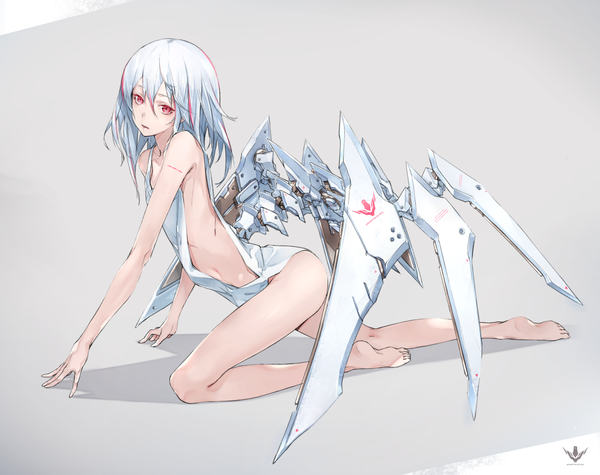 Anime picture 1263x1000 with original yucca-612 (neco) single looking at viewer fringe short hair light erotic simple background hair between eyes red eyes silver hair bent knee (knees) parted lips grey background bare legs shadow kneeling sad mechanical wings girl