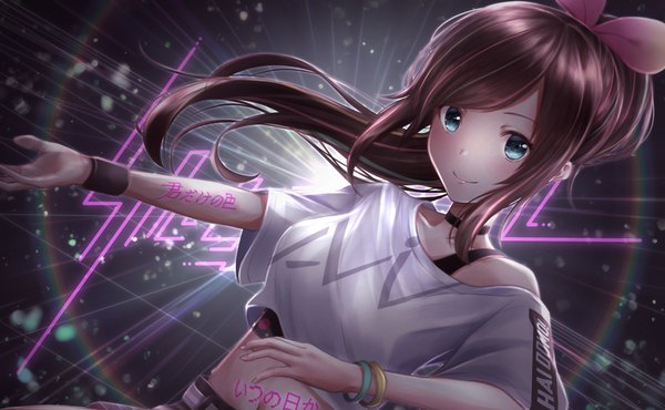 Anime picture 4688x2894 with virtual youtuber a.i. channel kizuna ai kawazuya single long hair looking at viewer blush fringe highres blue eyes simple background smile brown hair wide image absurdres ponytail light smile off shoulder bare belly