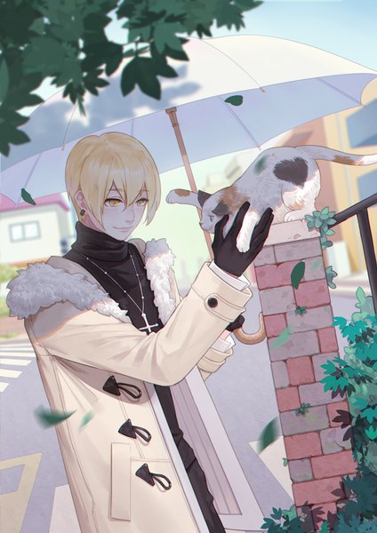Anime picture 707x1000 with forever 7th capital yukiri (forever 7th capital) joey single tall image fringe short hair blonde hair smile hair between eyes standing holding yellow eyes looking away sky outdoors open clothes fur trim boy gloves