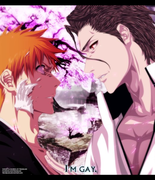 Anime picture 900x1042 with bleach studio pierrot kurosaki ichigo aizen sousuke tremblax tall image short hair brown hair brown eyes traditional clothes japanese clothes profile orange hair inscription orange eyes coloring cherry blossoms letterboxed face to face eye contact