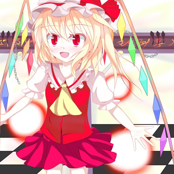 Anime picture 2000x2000 with touhou flandre scarlet oouso (usotsukiya) single highres short hair open mouth blonde hair red eyes magic checkered floor animal eyes girl dress wings bonnet