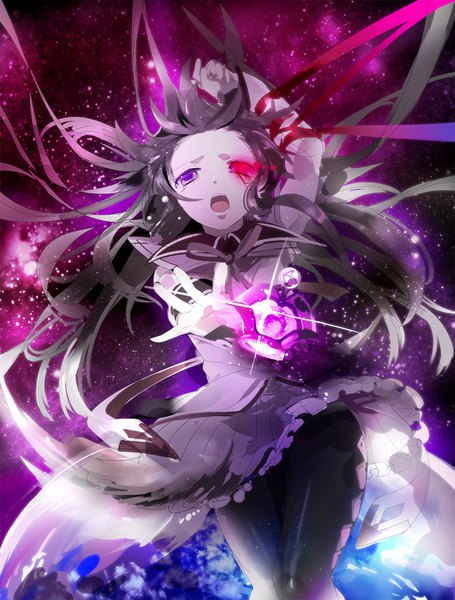 Anime picture 758x1000 with mahou shoujo madoka magica shaft (studio) akemi homura okurai single long hair tall image looking at viewer open mouth black hair red eyes purple eyes payot arm up wind tears heterochromia glowing glowing eye (eyes) outstretched hand