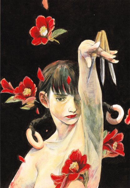 Anime picture 4310x6197 with blade of the immortal asano rin samura hiroaki single long hair tall image highres black hair standing brown eyes absurdres braid (braids) twin braids black background girl flower (flowers) weapon knife