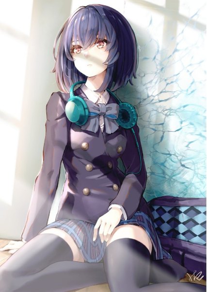 Anime picture 698x980 with sinoalice alice (sinoalice) hoshizaki reita single tall image fringe short hair breasts hair between eyes sitting brown eyes signed looking away purple hair bent knee (knees) long sleeves parted lips arm support shadow no shoes