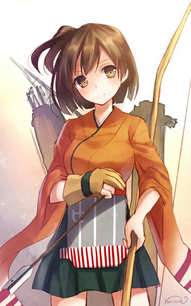 Anime-Bild 500x800 mit kantai collection hiryuu aircraft carrier nunucco single tall image blush short hair simple background brown hair white background brown eyes signed traditional clothes japanese clothes one side up girl weapon single glove bow (weapon) arrow (arrows)