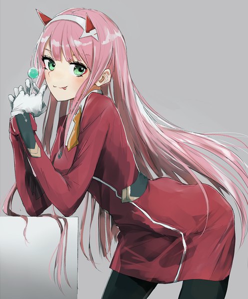 Anime picture 956x1153 with darling in the franxx studio trigger zero two (darling in the franxx) swav single long hair tall image looking at viewer blush fringe simple background holding green eyes pink hair long sleeves grey background leaning leaning forward :p girl