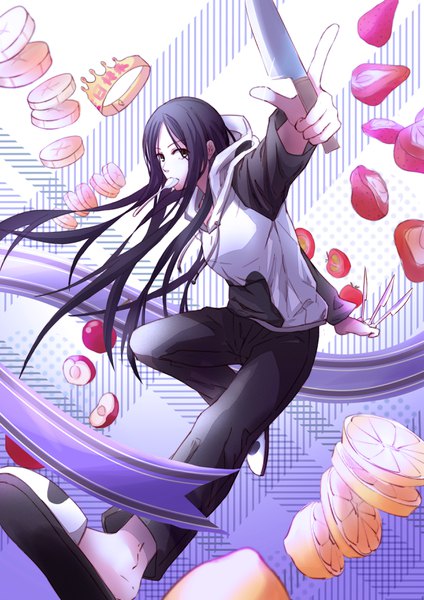 Anime picture 2480x3508 with hitori no shita: the outcast baobao feng tianhuoximing single long hair tall image looking at viewer highres black hair simple background holding payot full body bent knee (knees) black eyes inscription mouth hold hieroglyph girl food