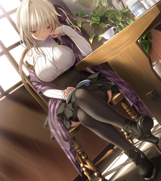 Anime picture 1280x1440 with amatsutsumi purple software koizuka mana single long hair tall image breasts brown eyes looking away game cg white hair crossed legs girl thighhighs dress black thighhighs boots