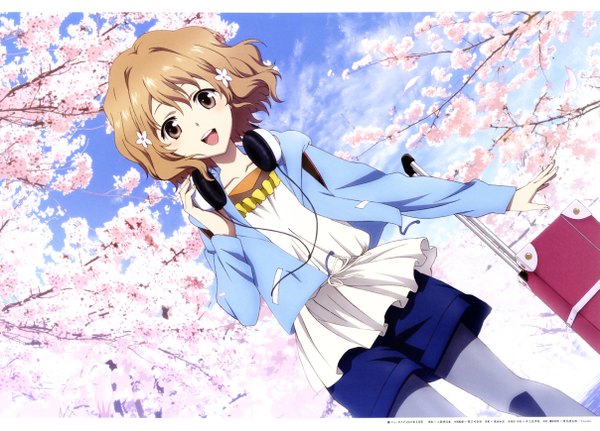 Anime picture 4830x3476 with hanasaku iroha p.a. works matsumae ohana kojima asuka single highres short hair open mouth blonde hair absurdres sky scan official art girl petals headphones suitcase