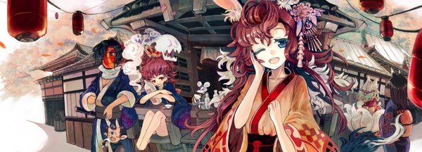 Anime picture 1798x650 with original ryuuri susuki (artist) long hair looking at viewer blue eyes black hair smile red eyes wide image standing sitting looking away purple hair tail traditional clothes japanese clothes one eye closed horn (horns) wink shadow