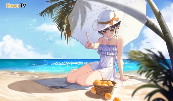 Anime picture 6783x4000 with original merchant91 m chant single looking at viewer blush fringe highres short hair black hair wide image sitting bare shoulders yellow eyes payot absurdres sky cloud (clouds) outdoors head tilt