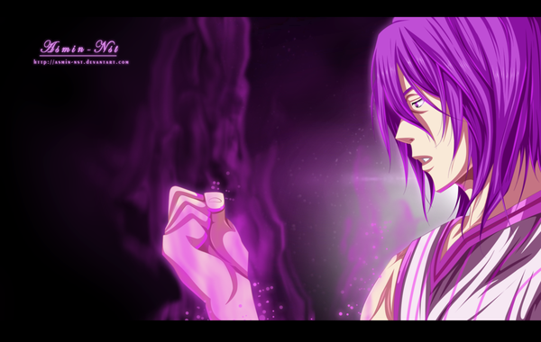 Anime picture 2000x1267 with kuroko no basket production i.g murasakibara atsushi iitheluciferii single highres short hair purple eyes purple hair profile coloring glowing light letterboxed boy uniform gym uniform basketball uniform