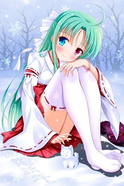 Anime picture 1000x1500 with original bashen chenyue single long hair tall image looking at viewer blush fringe light erotic sitting full body ahoge ass traditional clothes japanese clothes aqua hair heterochromia snowing winter snow