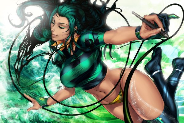 Anime picture 1024x683 with original artipelago single long hair light erotic eyes closed green hair lips realistic midriff girl gloves navel underwear panties headphones wire (wires) musical note pen