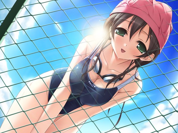 Anime picture 1600x1200 with natsu no ame itou hinako kantoku single long hair looking at viewer open mouth light erotic smile brown hair green eyes sky cloud (clouds) sunlight girl swimsuit one-piece swimsuit competition swimsuit black swimsuit